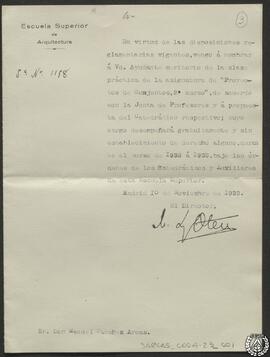 [Nombramiento de Manuel Sánchez Arcas de Ayudante meritorio de la clase práctica de la asignatura de “Proyectos de Conjuntos, 2º curso” durante el curso 1932-1933]