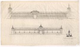 Proyecto de Nuevo Foro de Madrid y Mercado de la Cebada. Fachada viviendas. Fachada mercado