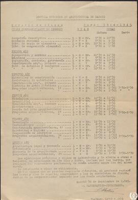 Escuela Superior de Arquitectura de Madrid. Horario de clases. Curso 1944-1945