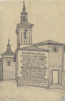 [Vista de iglesia con torre y chapitel]
