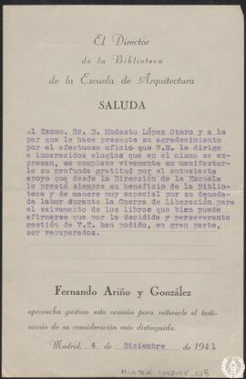 [Saluda del director de la Biblioteca de la Escuela Superior de Arquitectura de Madrid a Modesto ...