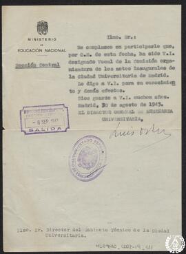 [Comunicación de la designación como vocal de la Comisión organizadora de los actos inaugurales d...