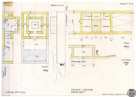 [Residence in Santa Fe] Baths pavilion [and] Servant + Garage basement. Plans. Sections