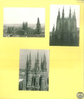 [Vistas exteriores de la catedral de Burgos: vista general, cimborrio y detalle del cimborrio]