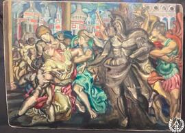 [Composición alegórica con figuras clásicas en primer plano y una imagen de ciudad al fondo]