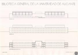Biblioteca General de la Universidad de Alicante. Alzado norte. Alzado sur. Sección longitudinal ...