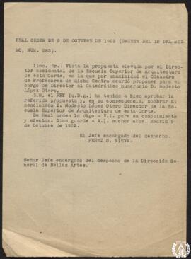 Real Orden de 9 de octubre de 1923 [Transcripción. Nombramiento de director de la Escuela Superio...