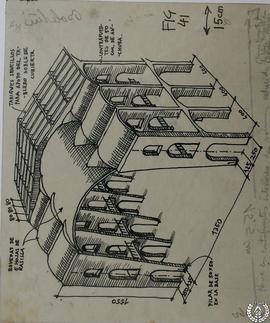 Fig. 42. Nave cubierta de bóveda cilíndrica con lunetos, contrarrestada con cañones perpendicular...