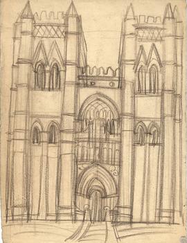 [Vista frontal de la fachada de la catedral de Ávila con las dos torres]