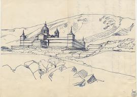 [Perspectiva del ángulo noreste del monasterio de El Escorial, según se percibe subiendo desde Ma...