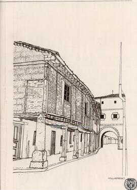 Calle con casas porticadas. Villadiego, Burgos. Dibujo del natural