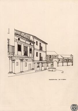 Casas porticadas de la Plaza Mayor, Peñaranda de Duero, Burgos. Dibujo del natural