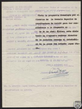 [Orden de nombramiento de director de la Escuela Superior de Arquitectura de Madrid al catedrátic...