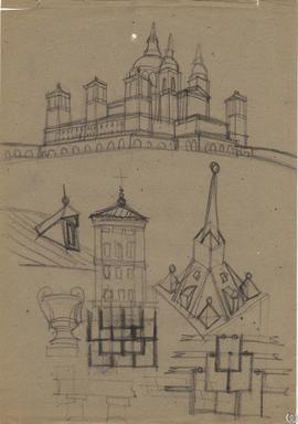 [Vista ideal de El Escorial con las torres primitivas y distintos detalles de cubierta]