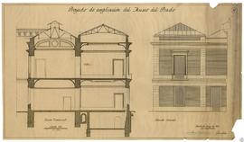 Proyecto de ampliación del Museo del Prado. Sección transversal. Alzado lateral