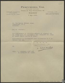 [Envío del diseño para los ceniceros de ¿?, Jefe de compras de Perfumería Gal, a Manuel Sánchez A...