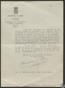 [Comunicación de la Secretaría del Ayuntamiento de Madrid a Manuel Sánchez Arcas de su elección como vocal arquitecto en el jurado del Concurso del Monumento a Pablo Iglesias]