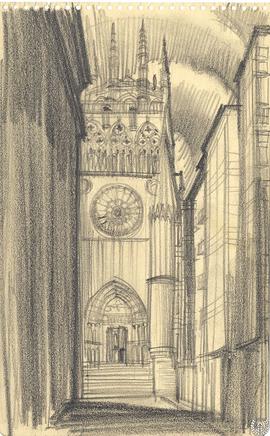 [Vista de la fachada  y puerta del Sarmental de la Catedral de Burgos al fondo de una calle]