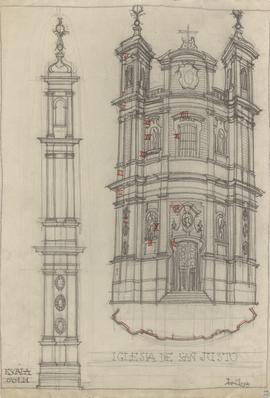 Iglesia de san Justo [Vista de la fachada, sección horizontal de la misma y alzado de una de las ...