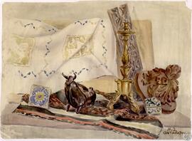 [Composición 9, Azulejos, figura de toro en cerámica, candelabro, plafón con piña y hojas, pieza ...