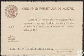 [Invitación para Modesto López Otero a los actos inaugurales y de apertura del curso en la Facult...