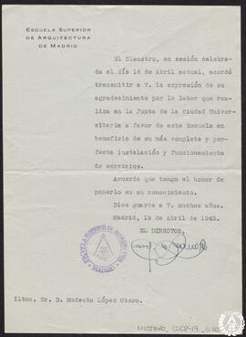[Expresión de la gratitud de la Escuela Superior de Arquitectura de Madrid por la labor realizada...