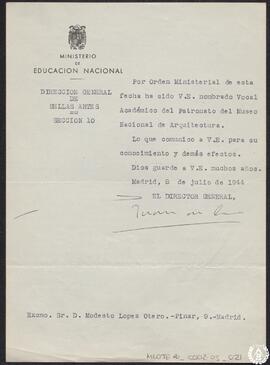[Comunicación a Modesto López Otero de su nombramiento como vocal académico del patronato del Mus...