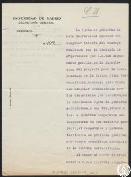 [Comunicación de gratitud y felicitación por el proyecto de la futura Ciudad Universitaria de Mad...