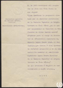 [Nombramiento de director de la Escuela Superior de Arquitectura de Madrid al catedrático numerar...