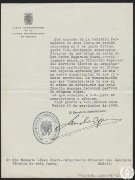 [Comunicación de la designación a Modesto López Otero como Arquitecto Director de las obras de la...