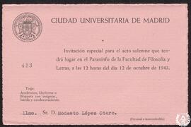 [Invitación para Modesto López Otero al acto solemne en el Paraninfo de la Facultad de Filosofía ...