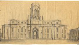 [Perspectiva frontal y croquis de planta de un edificio monumental]