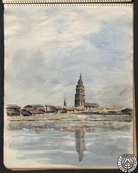 [Vista de municipio a la orilla de un río con torres de iglesias]