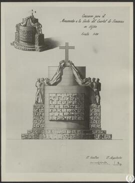 Concurso para el monumento a la gesta del cuartel de Simancas en Gijón [Alzado posterior y perspe...