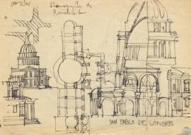 [Alzados, secciones y detalle de planta del Panteón de París y de la iglesia de San Pablo en Lond...
